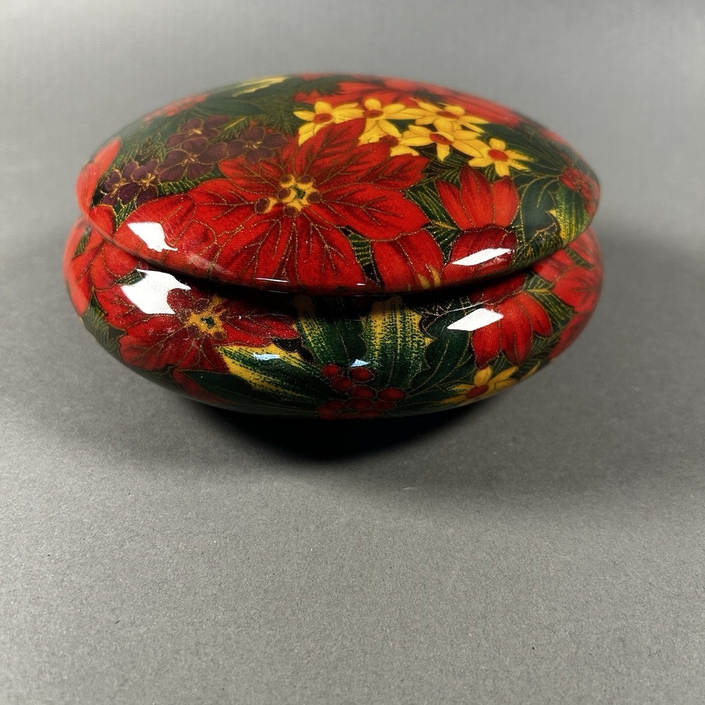 Christmas Poinsettia Ceramic Trinket Box Lidded Floral Holiday Decor 7"